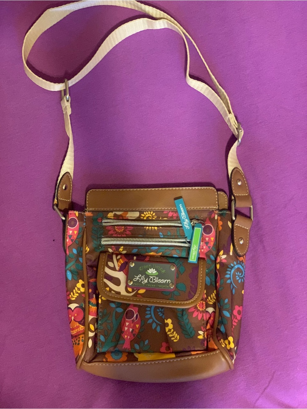 Lily Bloom Brown Owl/ Forest Print Multicolor Crossbody Bag with Cream Strap